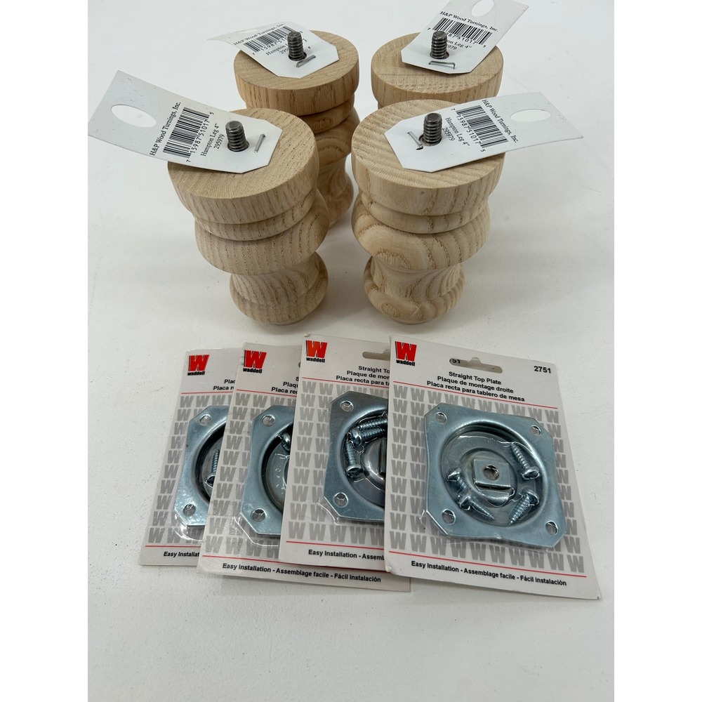 H&P Wood Turnings Hampton 4in Unfinished Wood Furniture Legs Waddell Plates 4pk